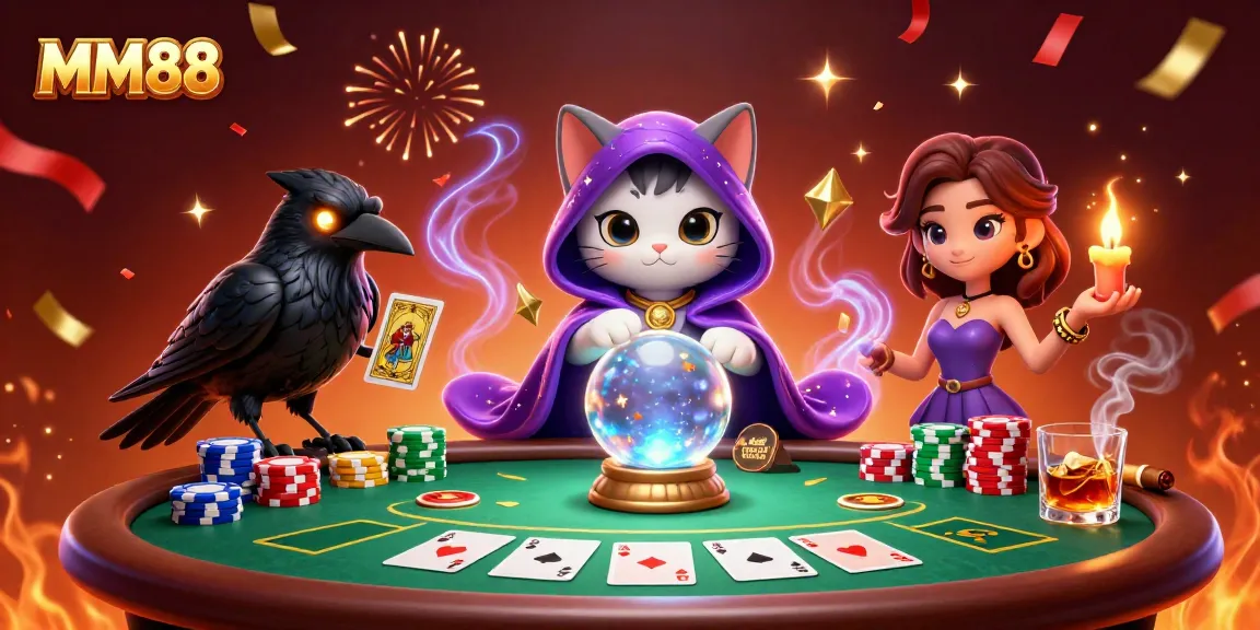 Engage with thrilling gameplay at MM88, featuring a mystical cat, raven, and vibrant casino elements.