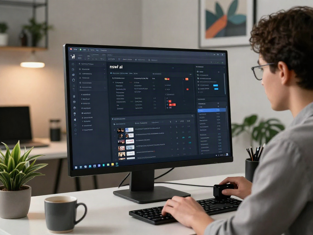 Professional working scene with nsfw ai content moderation dashboard highlighting analytics and user interaction in a modern office.