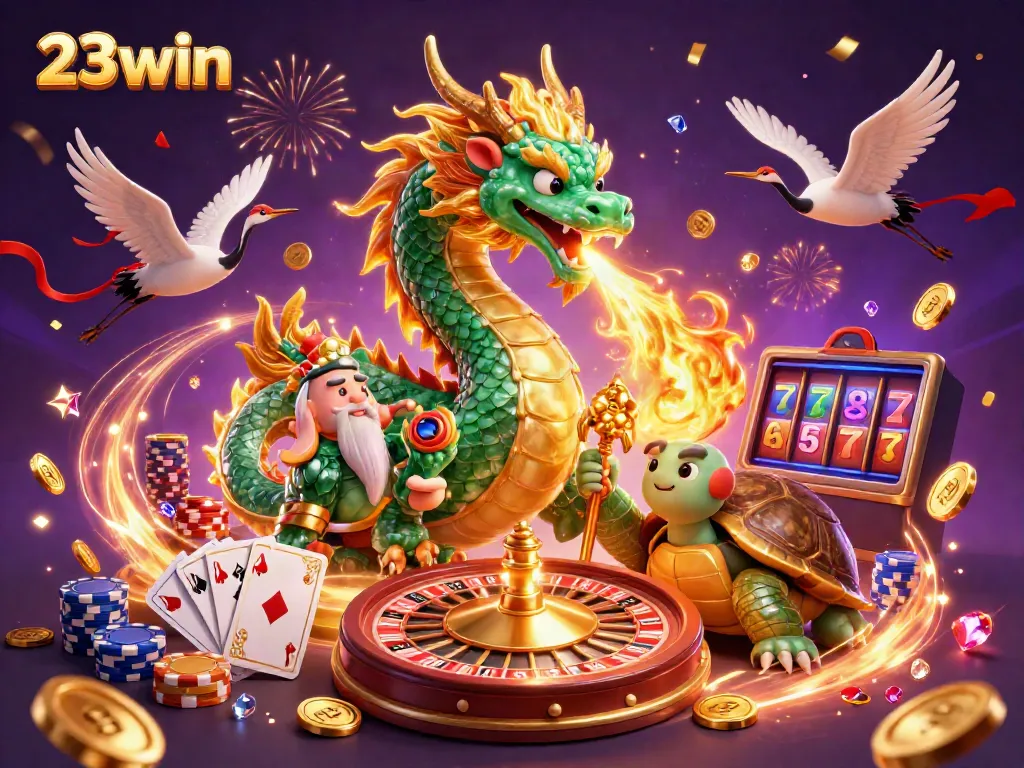 Engage in thrilling wins with 23win, showcased by emerald dragon, lucky cranes, and vibrant casino elements.
