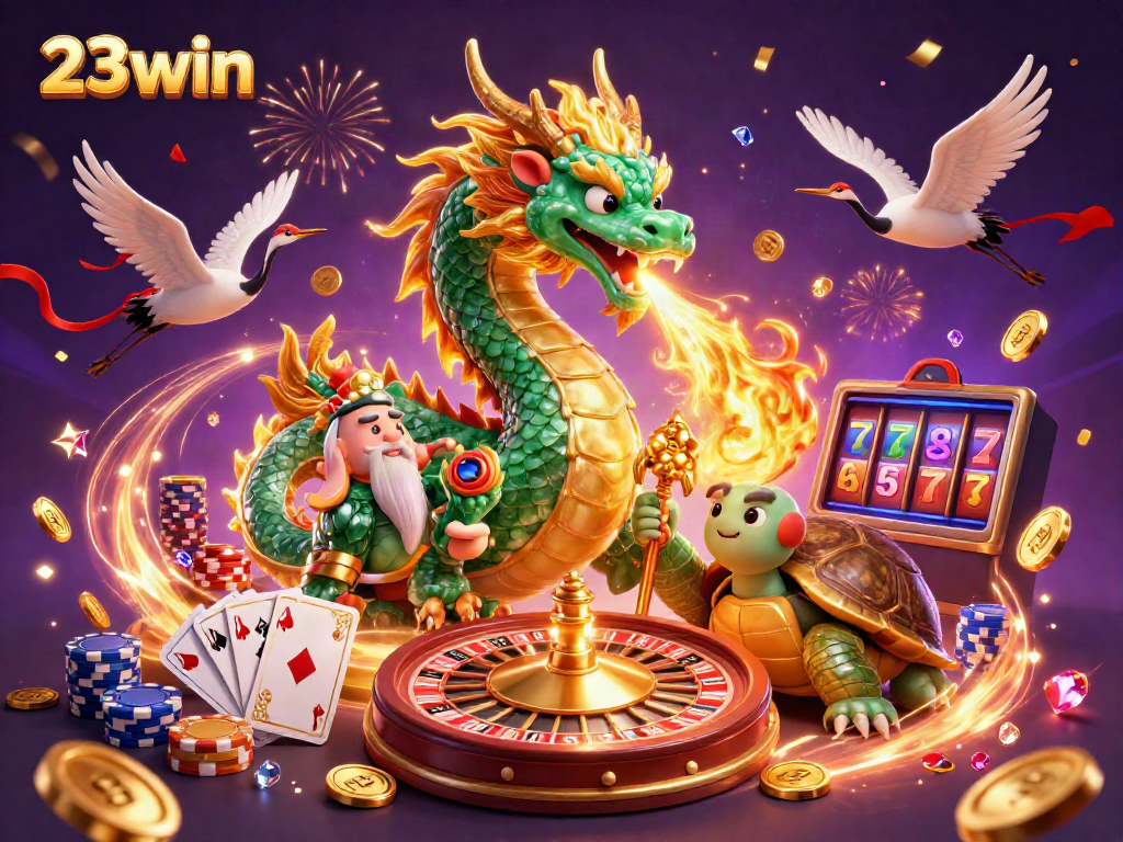 Engage in thrilling wins with 23win, showcased by emerald dragon, lucky cranes, and vibrant casino elements.