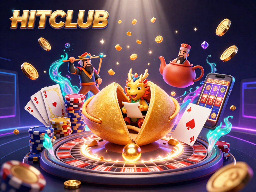 Play slots with HITCLUB, exploring dynamic casino elements and golden rewards in a vibrant gaming scene.