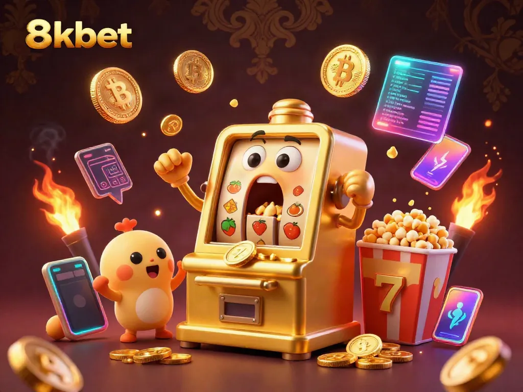 Experience the excitement of 8xbet with a lively golden slot machine hitting the jackpot surrounded by animated characters.