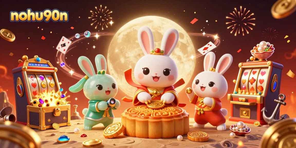 Nohu90n's festive casino celebration featuring cartoon moon characters with golden mooncakes revealing poker chips.