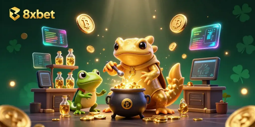 Experience the enchanting world of 8xbet with a cartoon alchemist transforming metals into gold coins