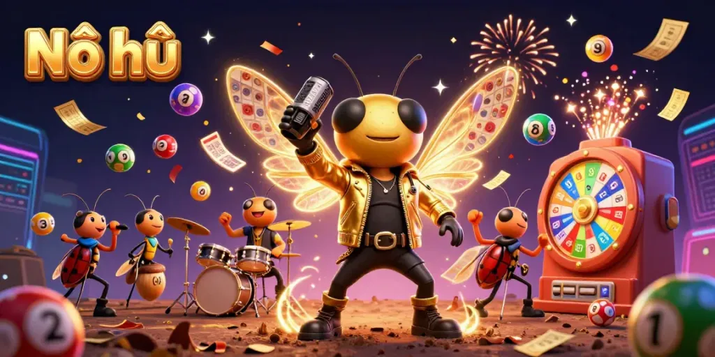 Engage in Nổ hũ excitement as the vibrant rock star and band animate the gaming experience.