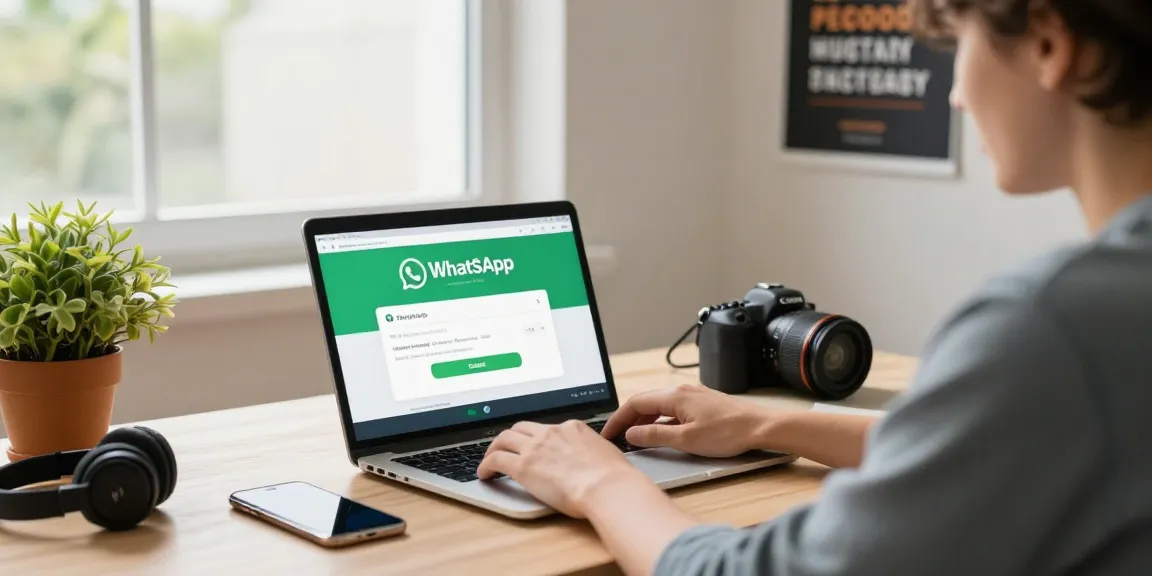 WhatsApp下載 process depicted in a cozy home office setting with a laptop and smartphone.