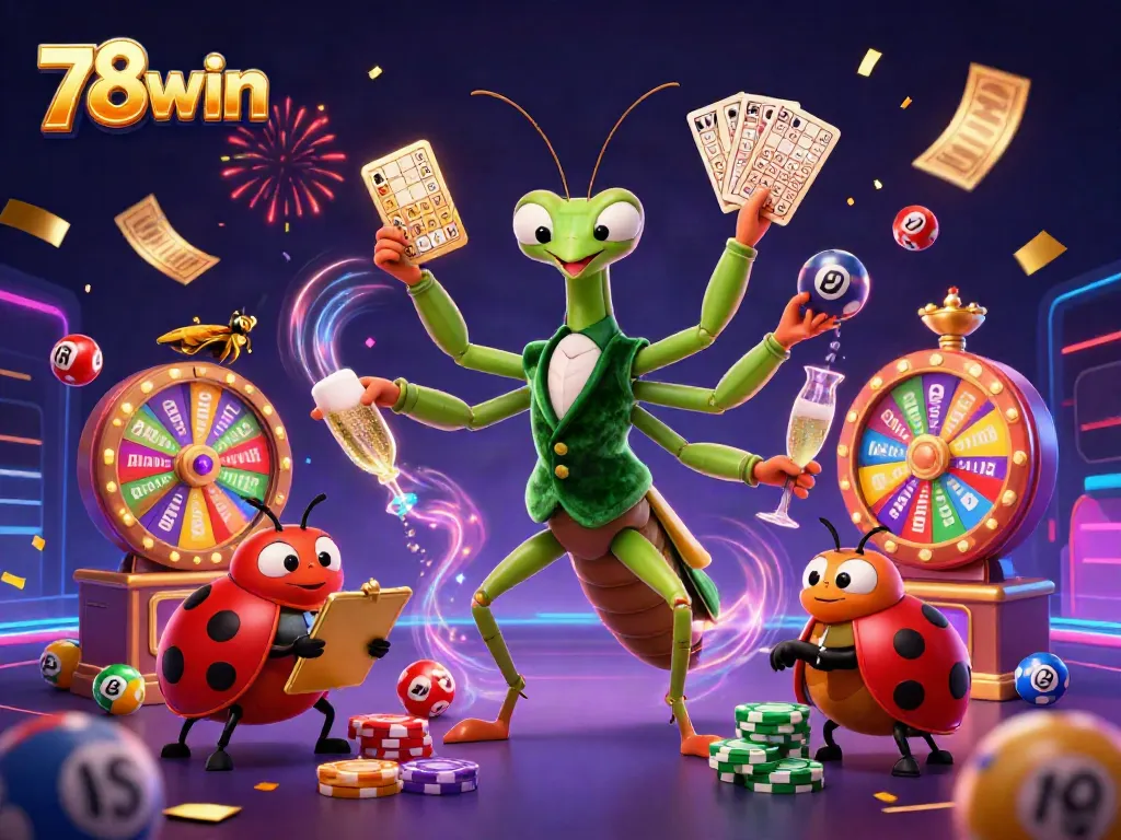 Experience thrilling games at 78win with a giant mantis dealer amidst vibrant casino elements.