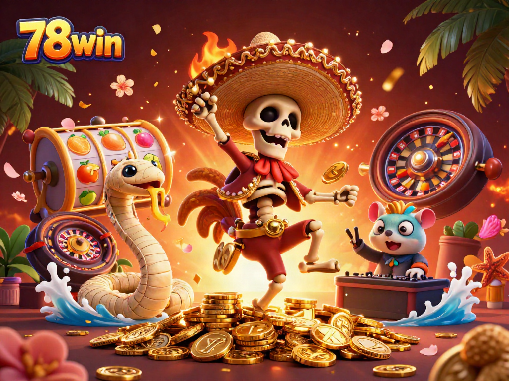 Experience winnings at 78win with a vibrant casino-themed dance featuring a lively mariachi rooster.