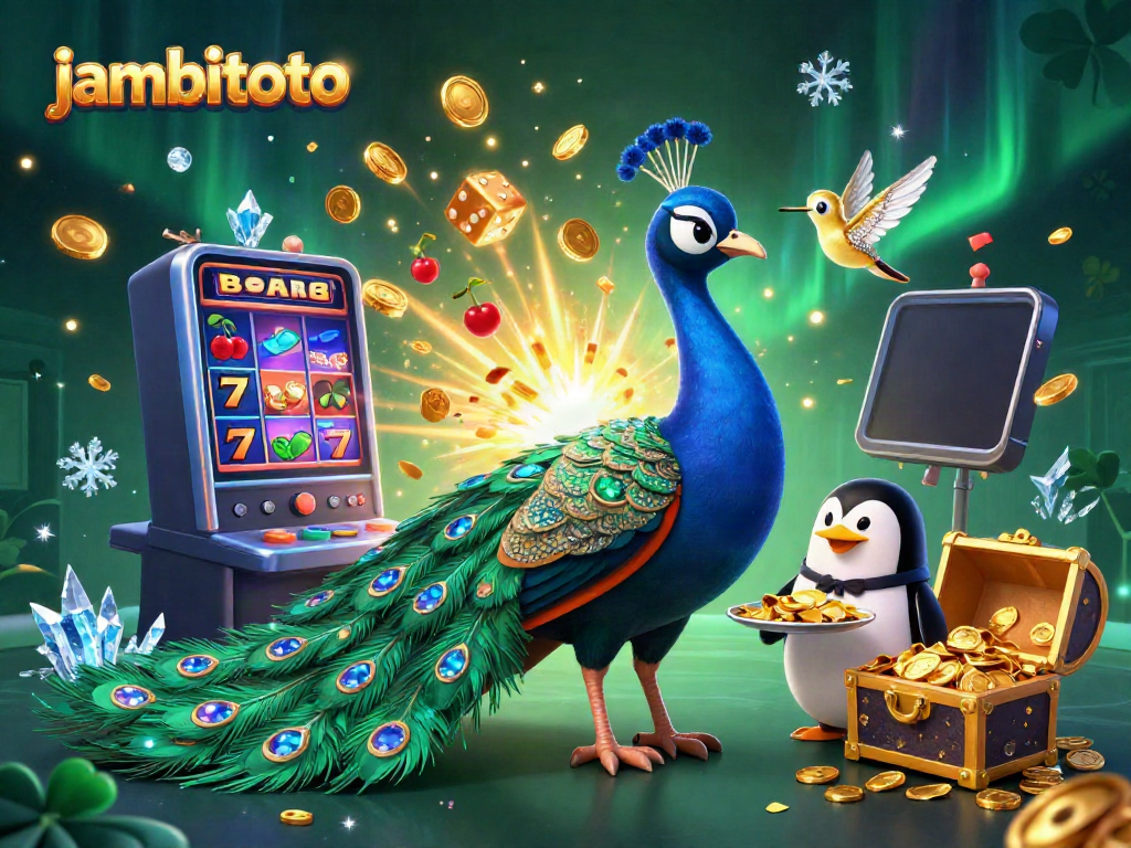Engage with jambitoto's exciting 3D casino scene featuring a peacock, an entourage, and a jackpot explosion.