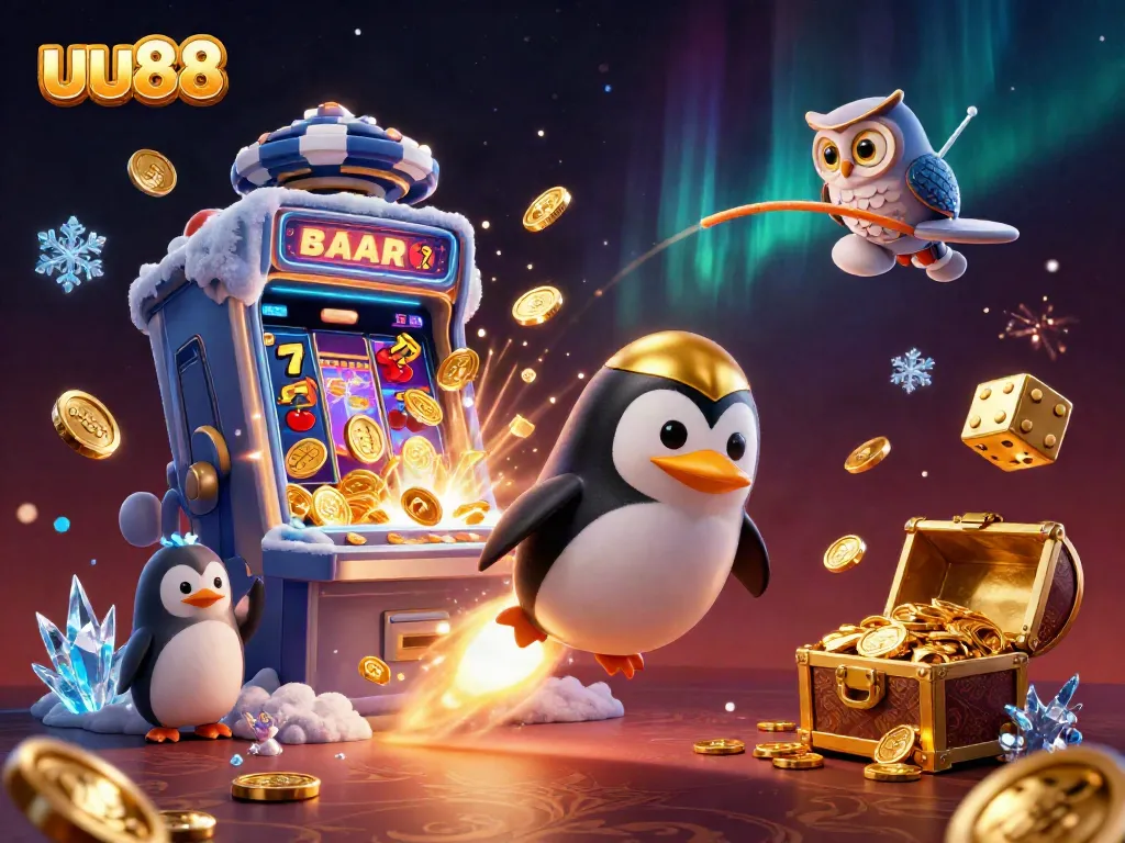 Experience the thrill of uu88 with a golden penguin, casino elements, and explosive jackpots!