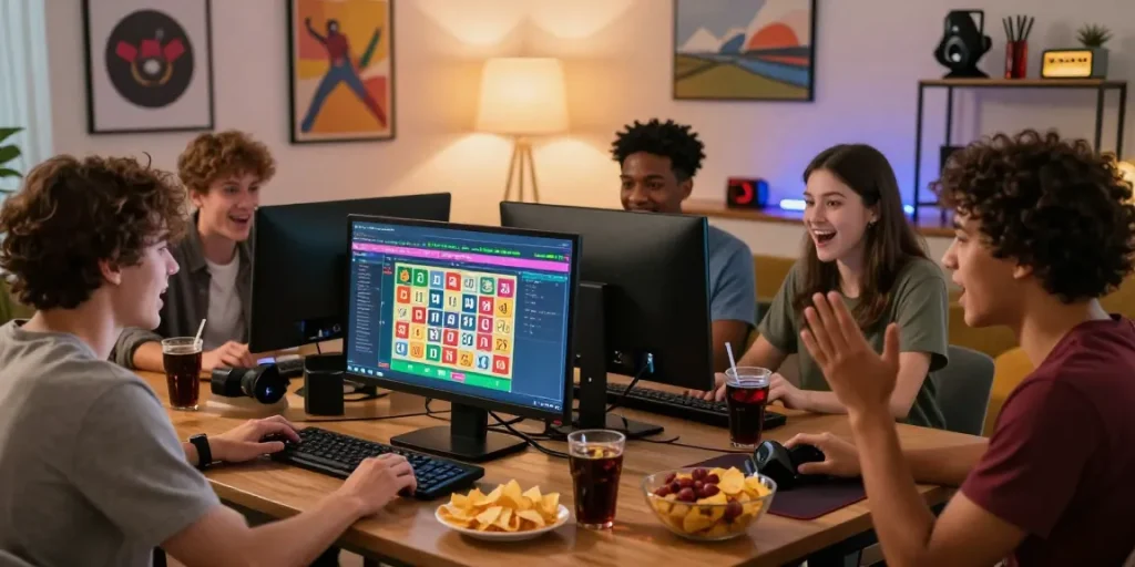 Exciting xoso66 online lottery gaming moment with diverse players in a cozy setting.