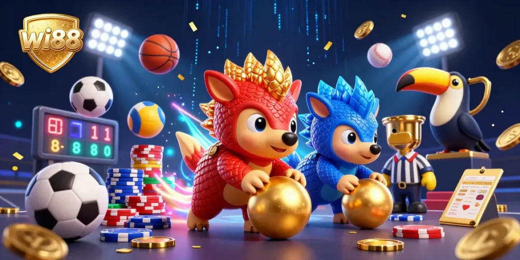 Experience exciting sports betting with wi88’s captivating 3D casino illustration featuring dynamic pangolins and vibrant gaming elements.