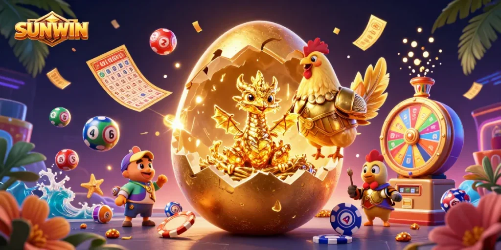 SUNWIN offers an exciting betting experience as a golden dragon plays amidst colorful lottery balls and casino elements.