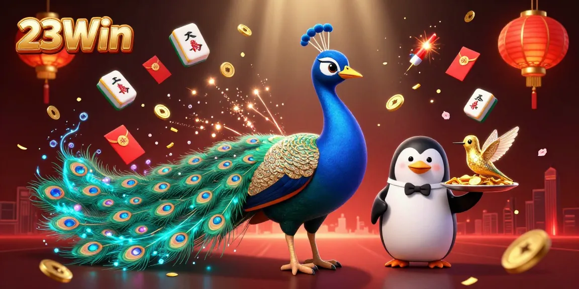 Engage in 23Win's vibrant gaming scene with a 3D peacock and dazzling elements for an exciting casino experience.