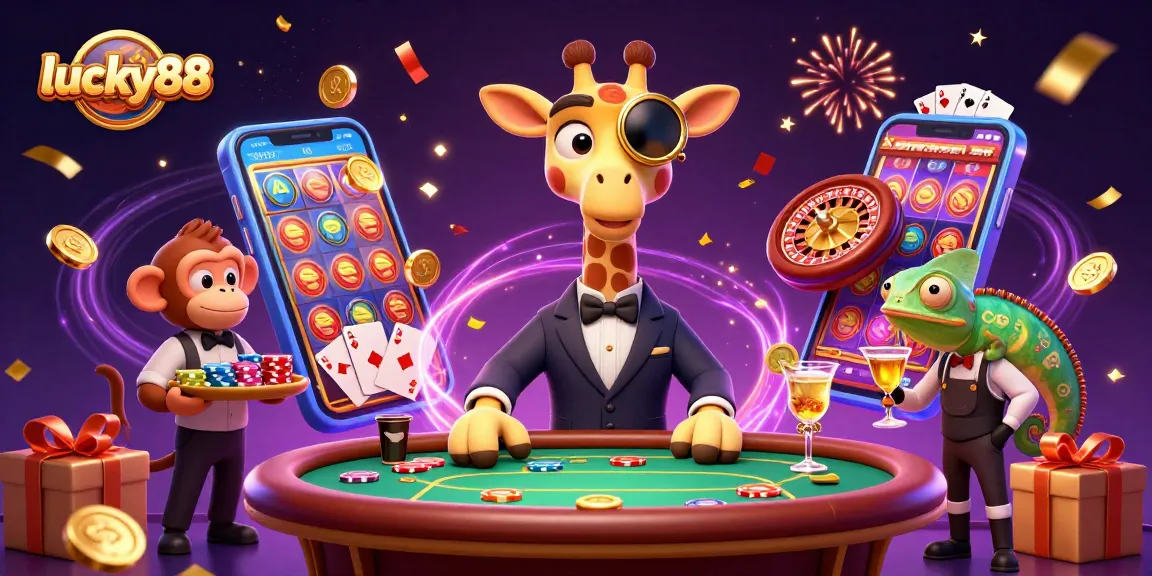 Experience excitement at lucky88 as the giraffe deals cards and a chameleon serves cocktails.