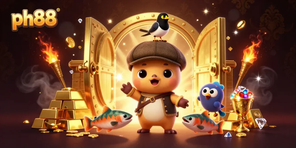 Play exciting ph88 games as Nessie surrounded by gold treasures and tartan salmon in this vibrant 3D illustration.