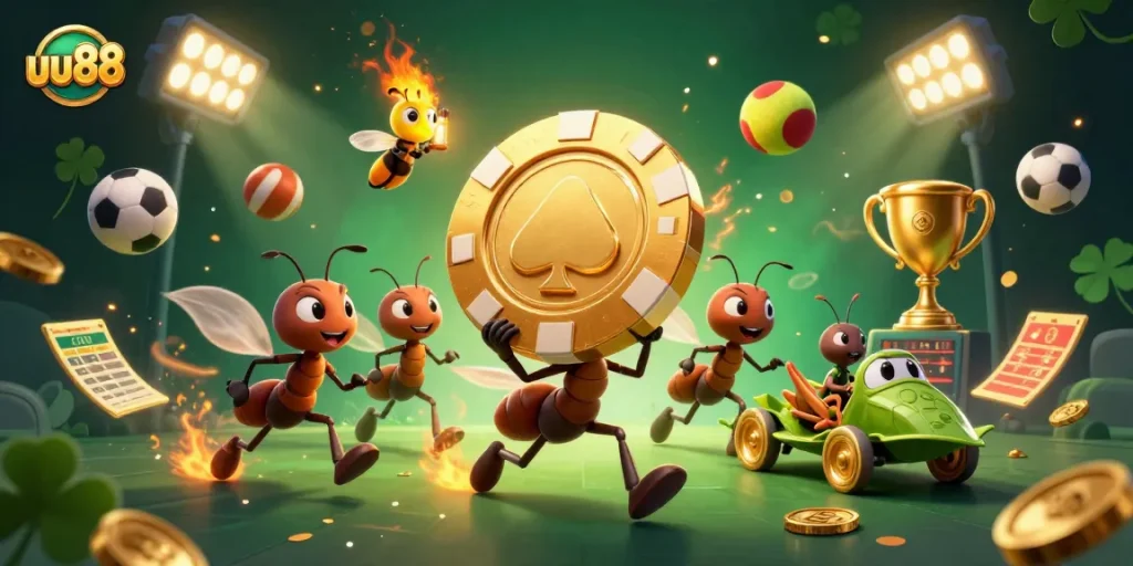 uu88 features cartoon ants carrying a massive poker chip in a vibrant gambling scene