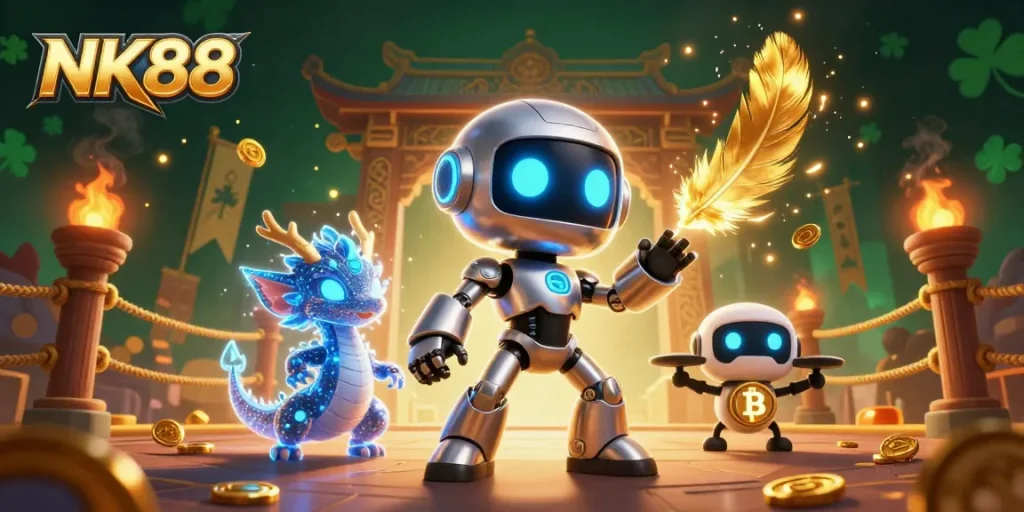 Experience thrilling gameplay at NK88 with vibrant gaming elements and a cyberpunk mascot.