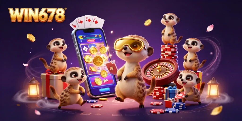 Experience the excitement of WIN678 with playful meerkats in a vibrant casino setting showcasing games and winning moments.