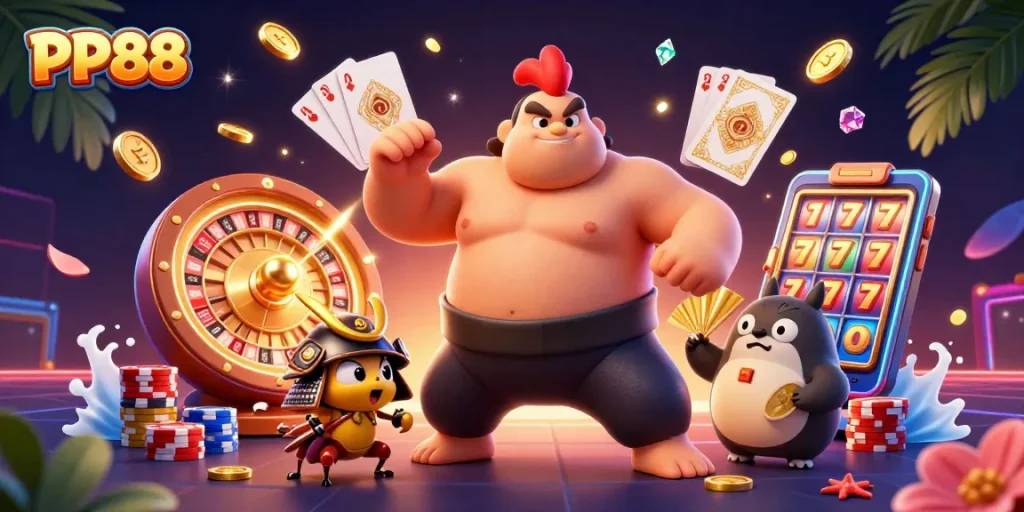 Engage with PP88 as the powerful sumo wrestler and samurai cricket bring lively online casino thrills.