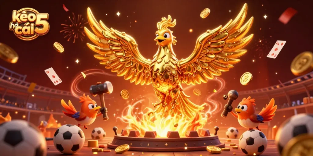 Experience kèo nhà cái 5 in action with a dynamic casino illustration showcasing golden elements and sports betting themes.