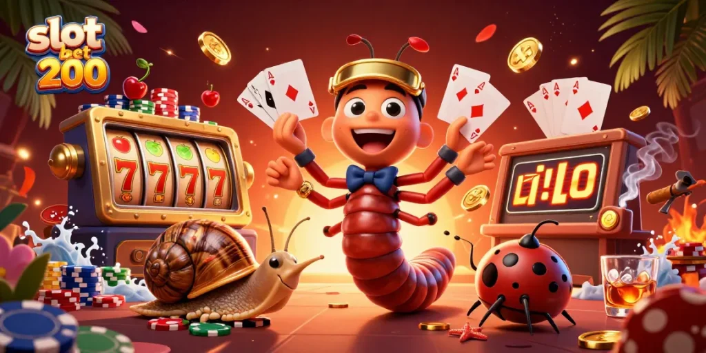 Slot bet 200 menghadirkan dealer kartun meriah dengan kartu dan chip kasino di sekitar, penuh semangat.