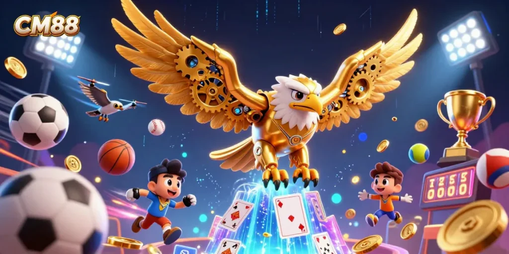 CM88 features a cybernetic golden eagle diving through holographic playing cards, showcasing exciting betting action.