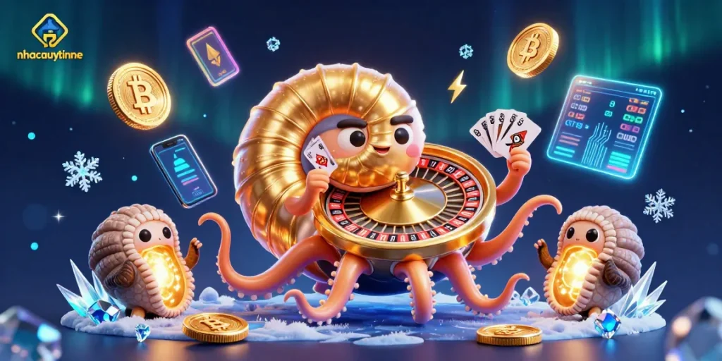 Experience thrilling gameplay with nhacaiuytinne's giant nautilus and crypto elements in this vibrant illustration.