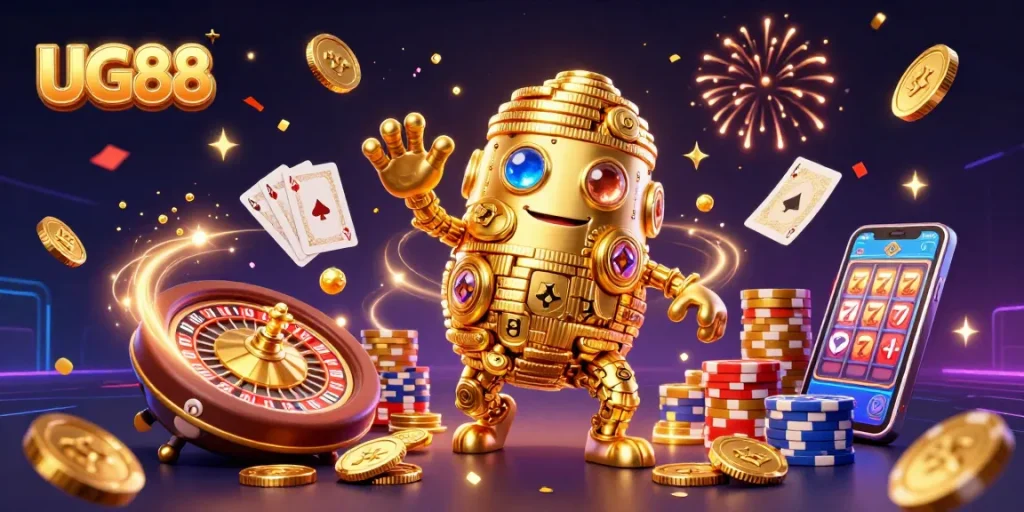 Experience the excitement at UG88 with a golden golem and vibrant casino elements.