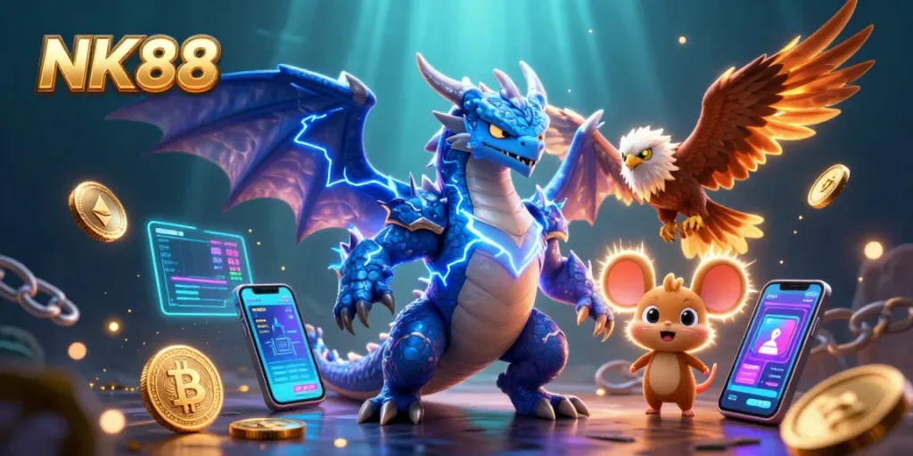 Experience thrilling games at NK88 with a vibrant casino scene featuring unique characters and crypto elements.