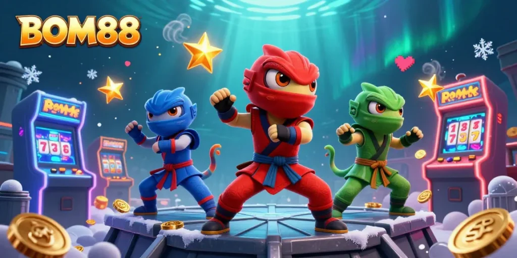 BOM88 casino gaming scene with ninja chameleons, colorful slots, and vibrant 3D effects.