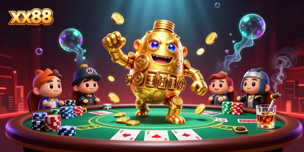 Experience thrilling gameplay at xx88 with a 3D golden golem surrounded by poker elements.