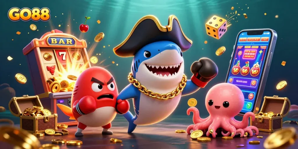 GO88 showcases an exciting gambling scene with a shark and friends celebrating huge wins at the casino.