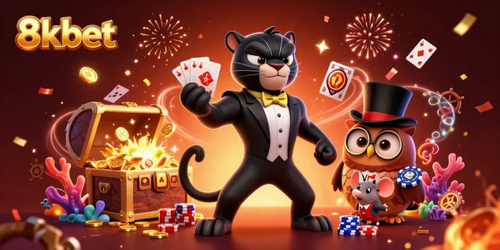 Join the fun at 8kbet with stylish characters and exciting casino elements in this vibrant illustration.