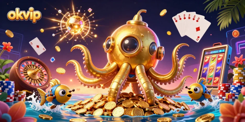 Experience thrilling wins at okvip with our vibrant and dynamic casino illustration featuring jackpots and exciting gameplay.