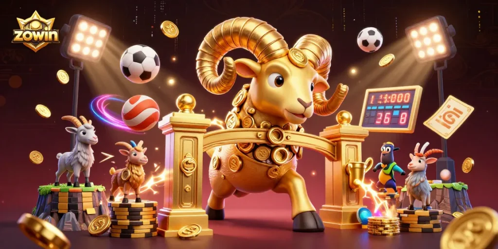 Zowin engages players with a vibrant 3D casino scene featuring a golden ram amidst dynamic sports elements and a rich background.