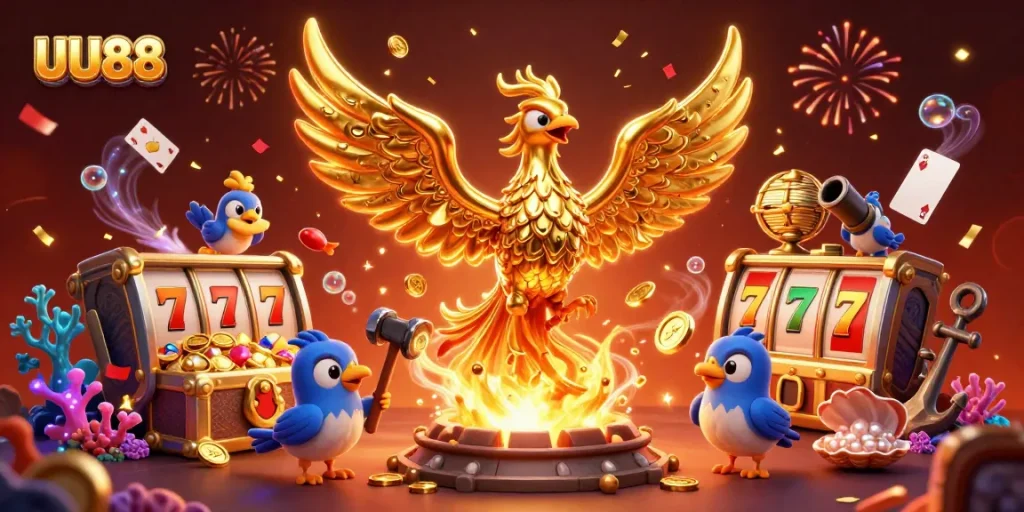 Experience the excitement of UU88 with a stunning 3D golden phoenix soaring over treasure and game elements.