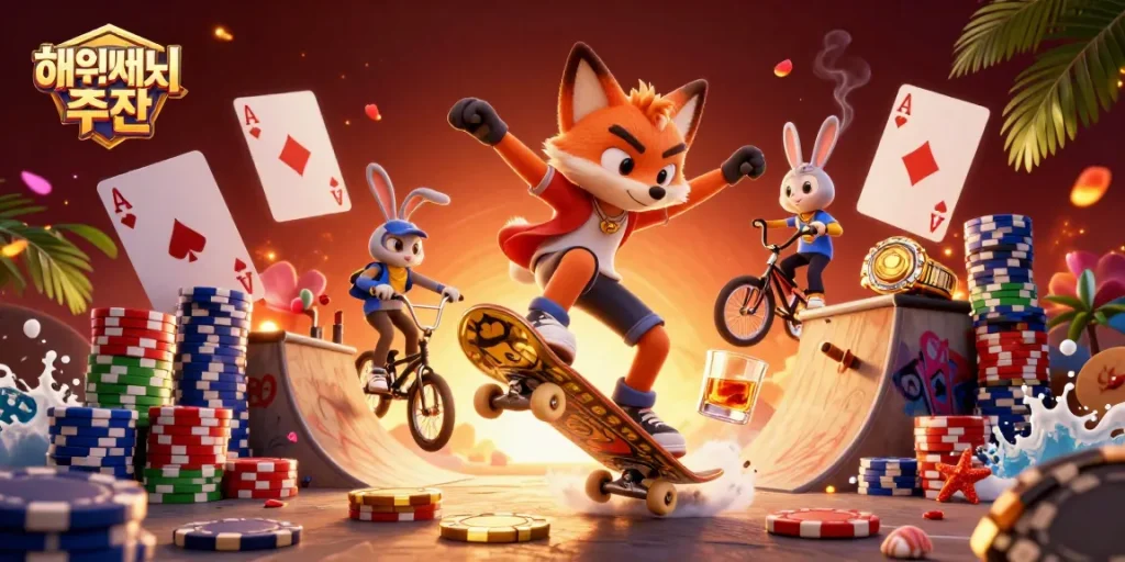 Engage with the vibrant casino world featuring 해외배팅사이트 추천 in a thrilling skate and BMX showdown surrounded by gaming elements.