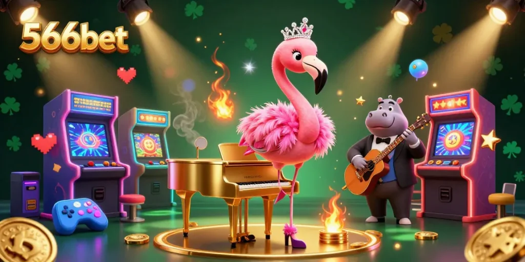 Engage in exhilarating wins at 566bet, featuring a vibrant 3D casino lounge scene with dynamic characters.