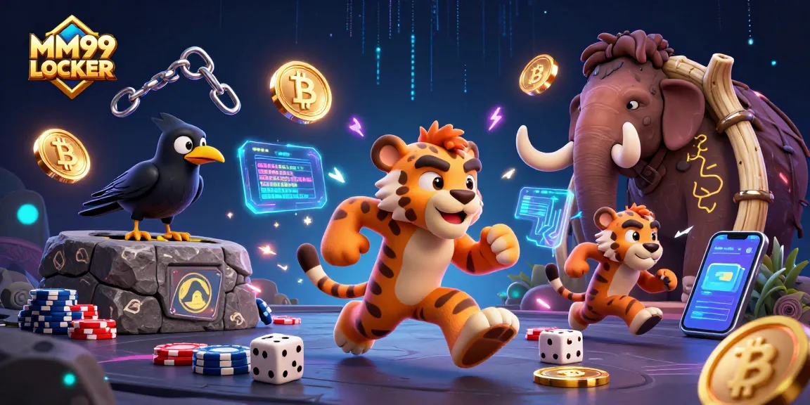 This vibrant scene at MM99 LOCKER showcases a caveman and sabertooth duo engaged in prehistoric casino gaming with dynamic elements.