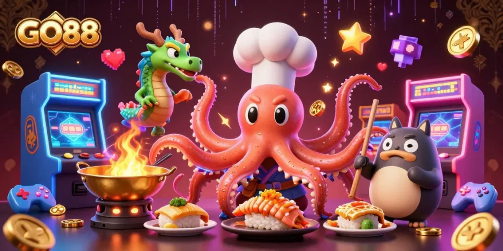 Experience GO88 and play thrilling games like slots, featuring vibrant visuals and dynamic characters.
