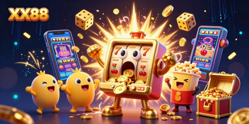 Engage with exciting casino gaming moments at XX88 as a golden slot machine celebrates a big jackpot!