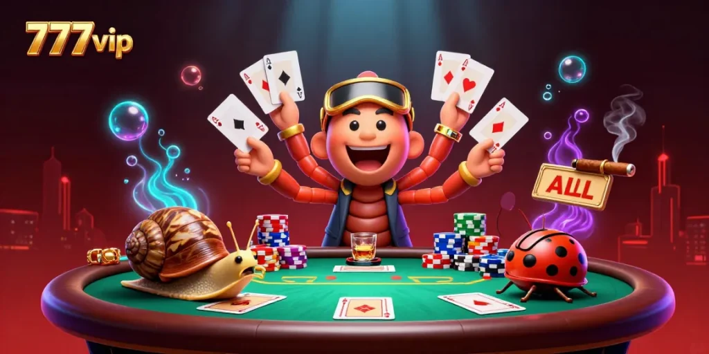 Experience thrilling games at 777vip with a vibrant and dynamic casino scene featuring memorable characters.