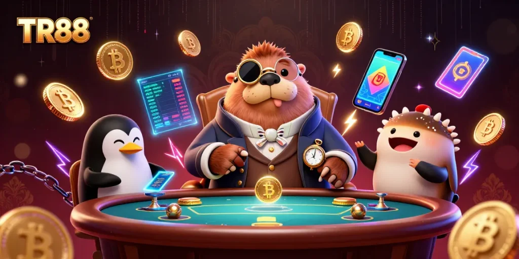 Engage in an exciting TR88 poker game with a jolly walrus, a penguin dealer, and a bluffing pufferfish.
