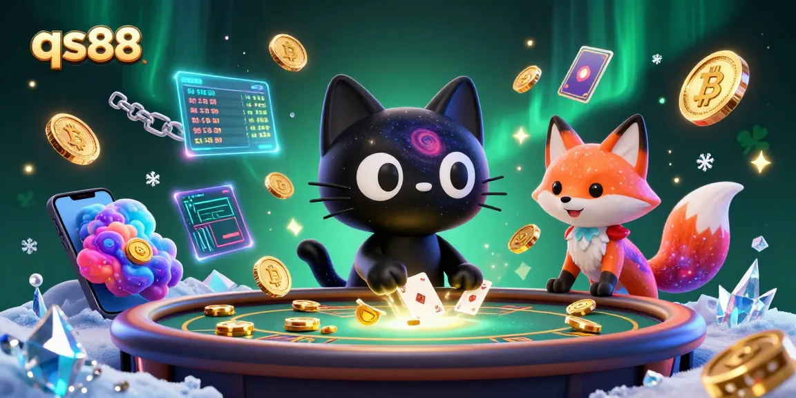 Experience thrilling games at qs88, where a cosmic cat attracts golden chips at a vibrant casino.