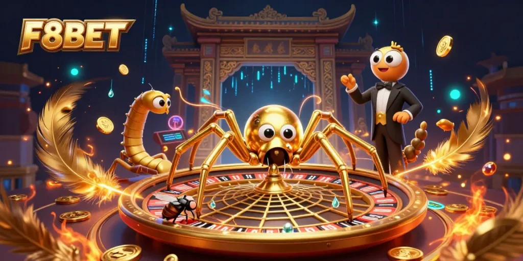 Experience thrilling bets with the F8BET casino's interactive golden roulette wheel scene.