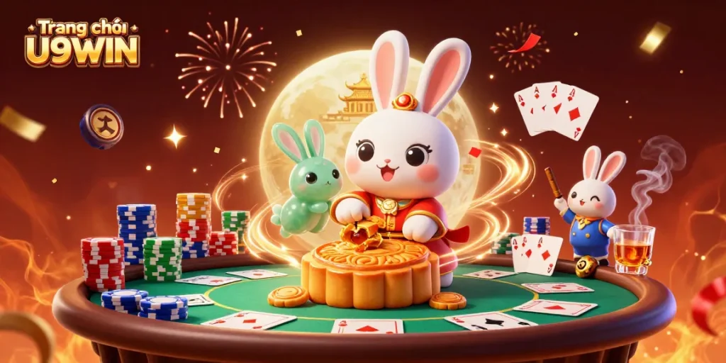 Experience winning thrills at Trang chủ U9WIN with vibrant poker scene featuring moon rabbit and treasures.