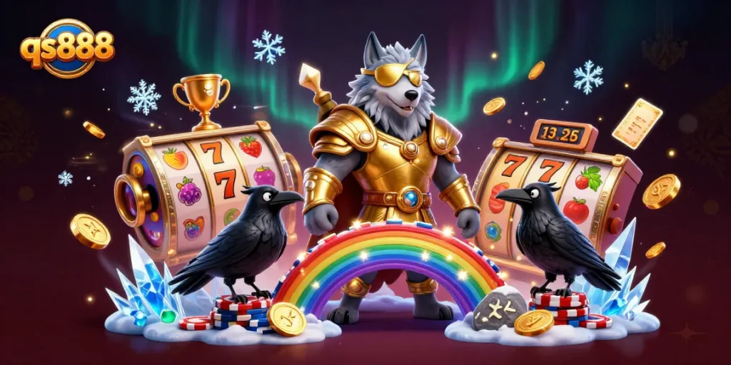 Experience thrilling gameplay with qs888 in a vibrant casino world full of slot reels and golden trophies.