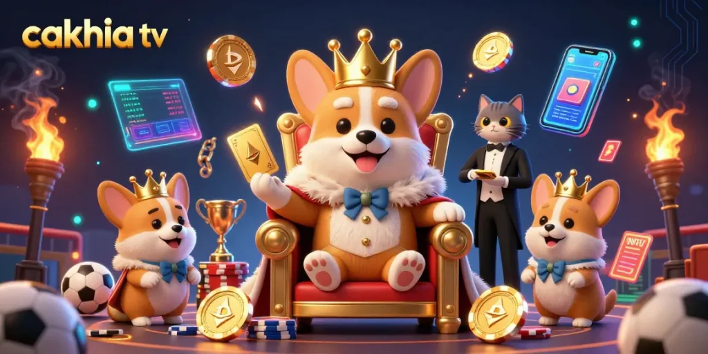Cakhia tv showcases a vibrant and dynamic 3D scene featuring a royal corgi on a poker throne surrounded by sports betting elements.