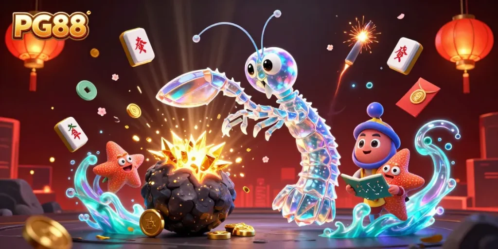 PG88 online casino experience with vibrant colors, samurai mantis shrimp, and exploding treasures